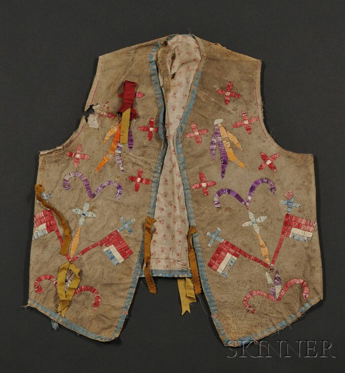 Eastern Plains Quilled Hide Vest, c. 1900, the you: Eastern Plains Quilled Hide Vest, c. 1900, the youth's vest partially quilled with flags, crosses, birds, and foliate devices, (quill and hide loss), lg. 18 1/2 in.