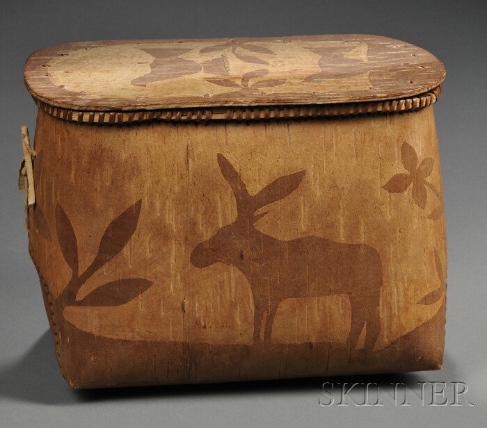 Northeast Birch Bark Lidded Box, c. first quarter: Northeast Birch Bark Lidded Box, c. first quarter 20th century, the oblong form with birds on the lid.