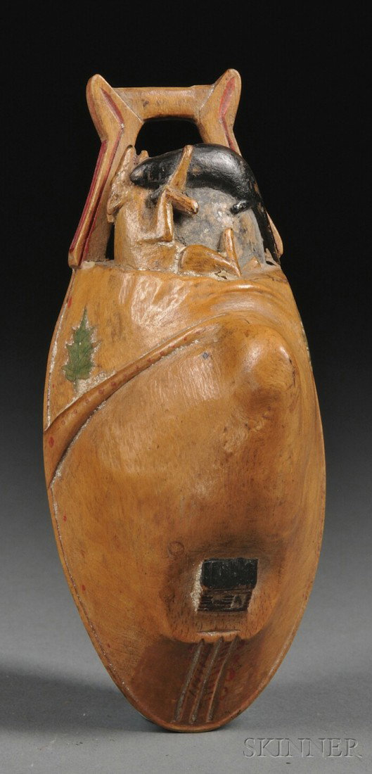 Northeast Carved and Painted Wood Canoe Cup, Penob: Northeast Carved and Painted Wood Canoe Cup, Penobscot (?), c. late 19th century, depicts two animals fighting, two trees, and a small cabin, lg. 5 1/2 in.