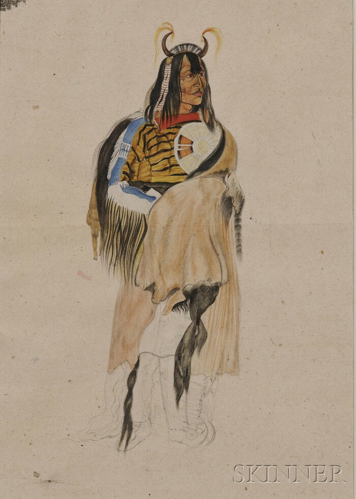 Two Contemporary Framed Watercolor Portraits of Up: Two Contemporary Framed Watercolor Portraits of Upper Missouri Indians, after Karl Bodmer, both shown wearing all their finery, image 13 x 9 in.