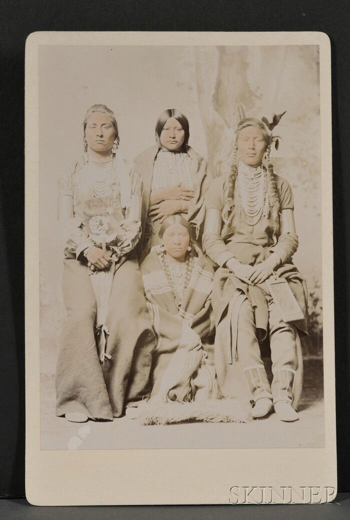 Cabinet Card by F.J. Haynes of Crow Indians, depic: Cabinet Card by F.J. Haynes of Crow Indians, depicting Big Medicine, Old Coyote, and their wives, photographer's studio imprint verso.