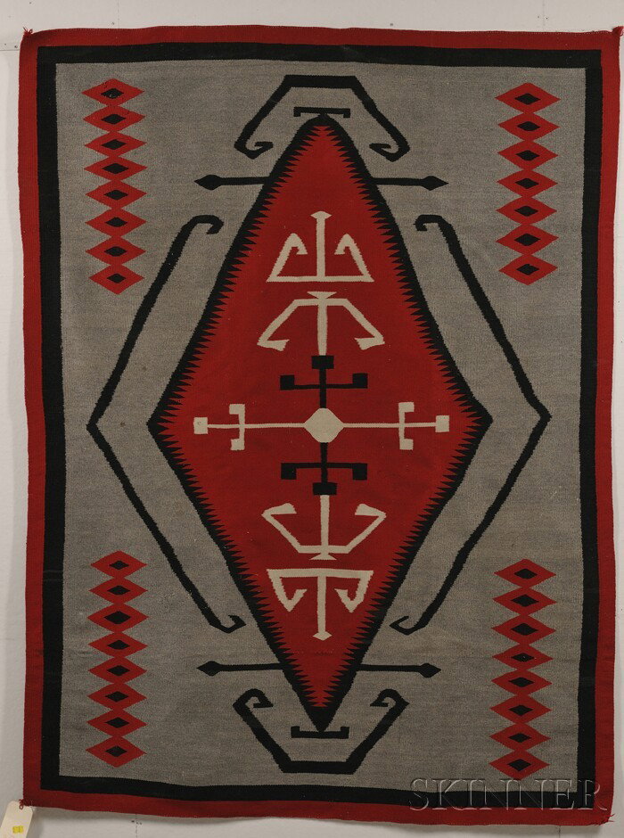 Navajo Weaving, c. early 20th century, with large : Navajo Weaving, c. early 20th century, with large serrate edge, central red diamond, and geometric designs on a gray background, (wool loss), 80 3/4 x 67 1/4 in.