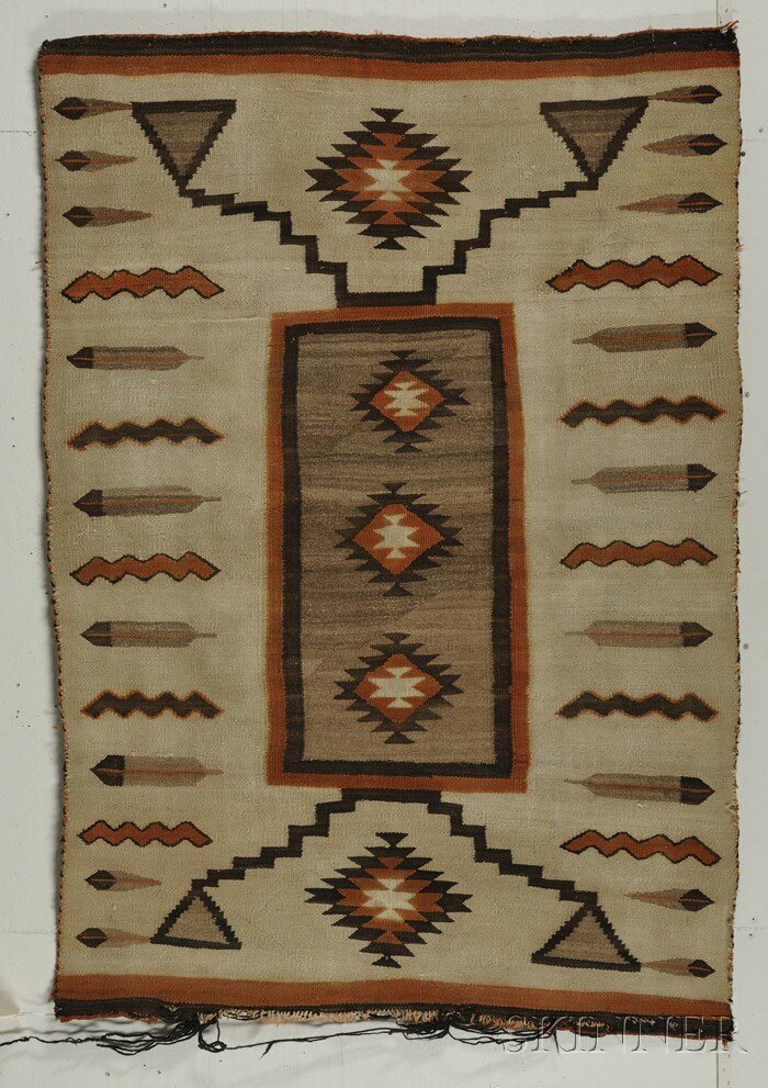 Navajo Pictorial Weaving, c. 1920s, done in a stor: Navajo Pictorial Weaving, c. 1920s, done in a storm pattern with feather and snake (?), devices, natural and synthetic dyed homespun yarn, (wool loss), 59 1/2 x 40 in.