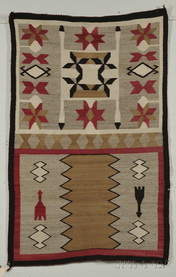 Navajo Double Saddle Blanket, c. 1920s, with diffe: Navajo Double Saddle Blanket, c. 1920s, with differing geometric designs on each side, one with two arrows, natural and synthetic dyed homespun yarn, 52 x 33 in.