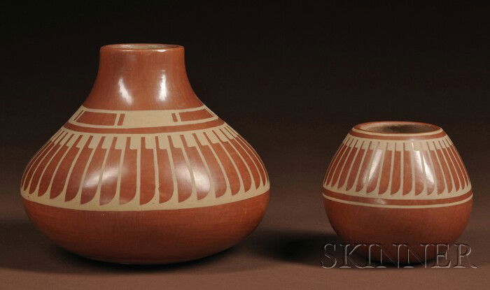 Two Southwest Pottery Bowls, c. 20th century, both: Two Southwest Pottery Bowls, c. 20th century, both signed "Blue Corn San Ildefonso Pueblo" and with abstract feather design, ht. to 7 1/4, dia. to 8 1/4 in.