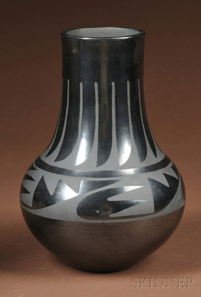 Southwest Black-on-Black Pottery Vase, San Ildefon: Southwest Black-on-Black Pottery Vase, San Ildefonso, Marie, with abstract feather designs, ht. 10 in. Provenance: Chester College of New England.