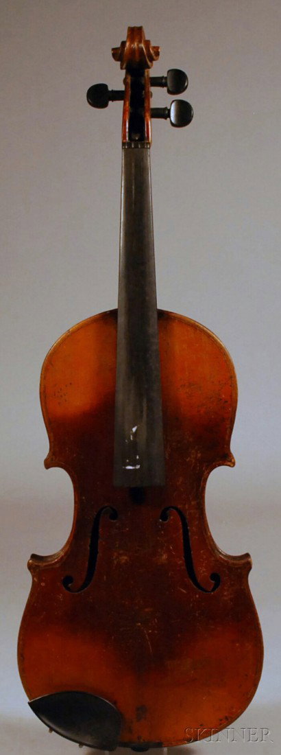 German Violin, c. 1850, labeled MFR AUGUST MEINEL, : German Violin, c. 1850, labeled MFR AUGUST MEINEL, IN KLINGENTHAL 1805, length of back 357 mm, with case.