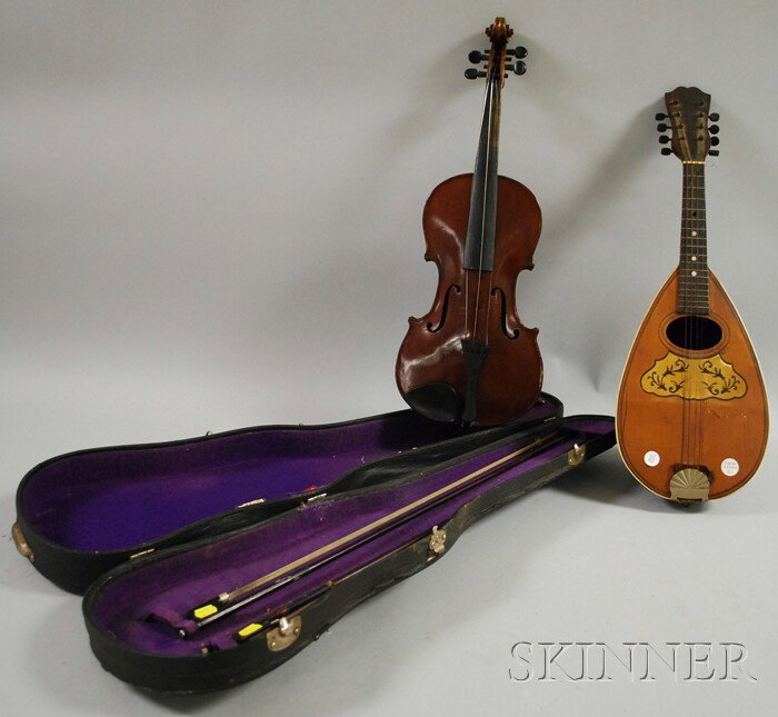 Modern Violin, Japan, c. 1930, length of back 357 : Modern Violin, Japan, c. 1930, length of back 357 mm, with case and two bows, together with an inlaid mandolin.