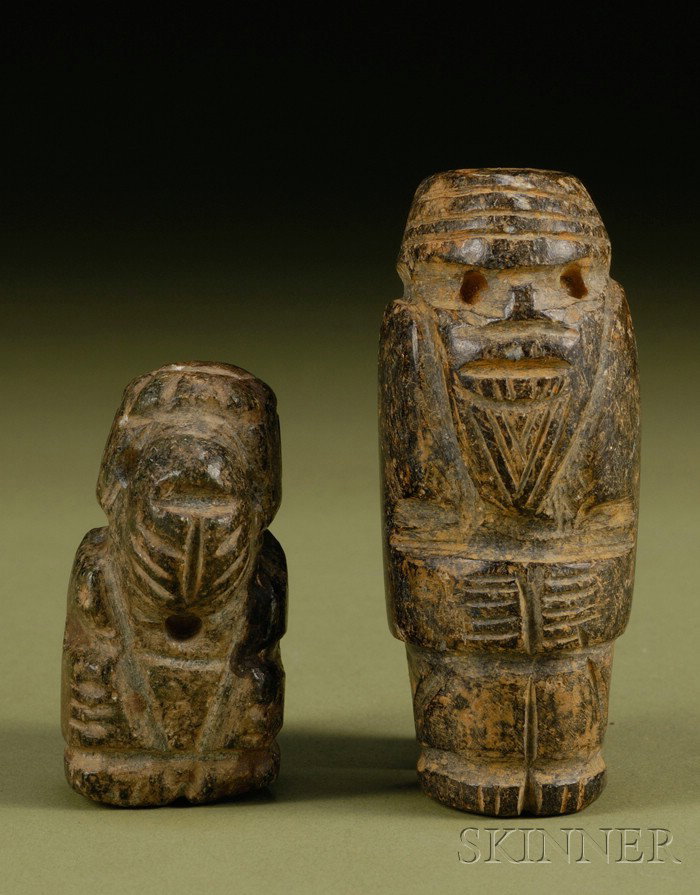 Two Pre-Columbian Carved Stone Figures, Colombia, : Two Pre-Columbian Carved Stone Figures, Colombia, Tairona, c. 800-1500 A.D., both with stylized human and avian attributes, ht. to 3 1/4 in.