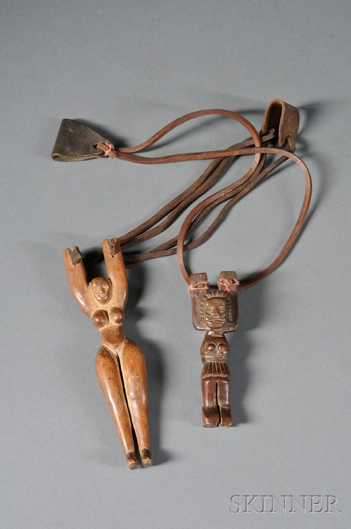 Two Guatemalan Carved Wood Slingshots, both female: Two Guatemalan Carved Wood Slingshots, both female forms, ht. to 7 1/2 in.