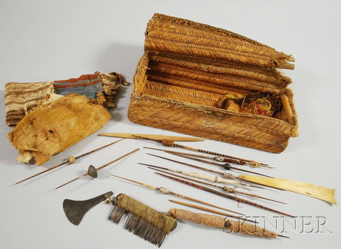 Pre-Columbian Weaver's Basket, with bone tools, sp: Pre-Columbian Weaver's Basket, with bone tools, spindle whorls, yarns, etc.