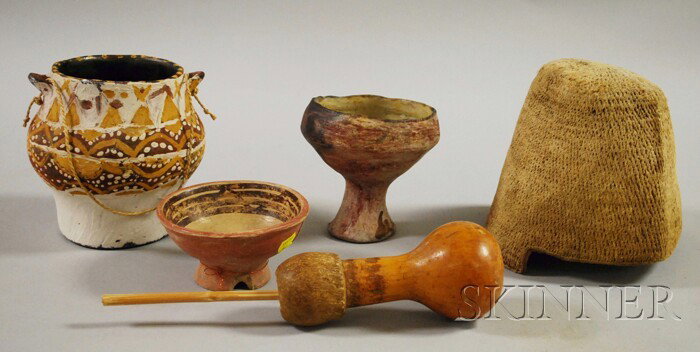 Five Amazon Items, three Northwest Amazon pottery: Five Amazon Items, three Northwest Amazon pottery bowls, an Arahuac cap, and a Colombian lime dispenser.