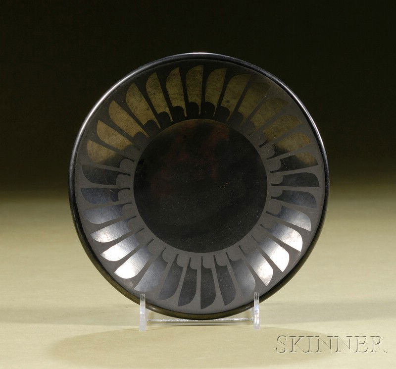 Southwest Black-on-Black Pottery Plate, San Ildefo: Southwest Black-on-Black Pottery Plate, San Ildefonso, Maria and Santana, classic feather pattern, dia. 5 3/4 in.