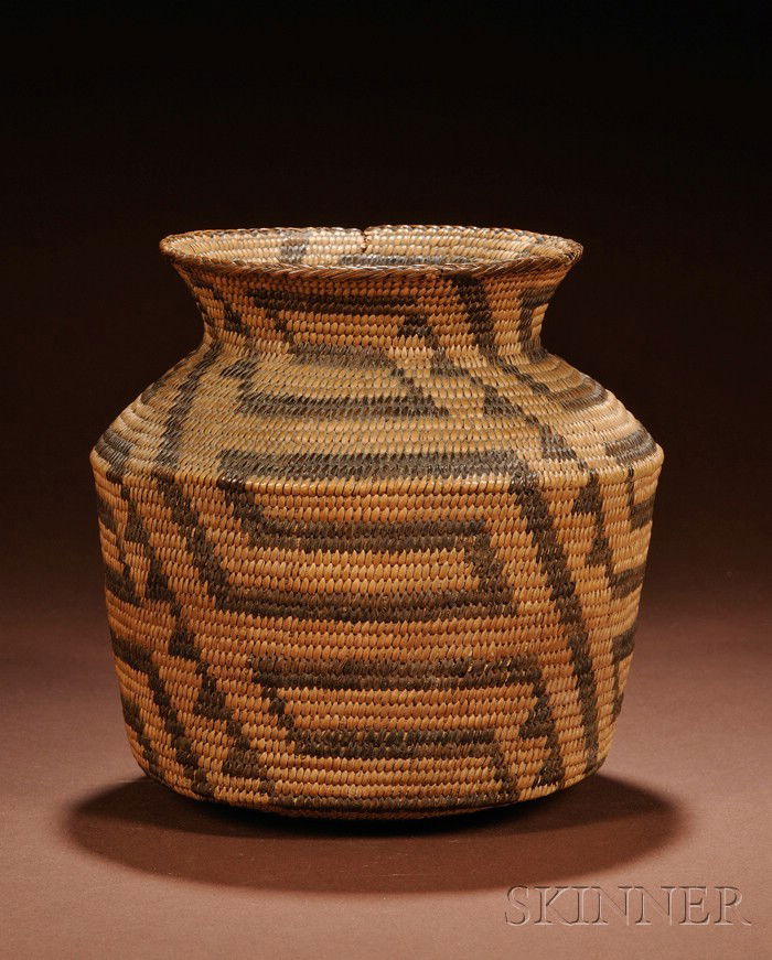 Southwest Coiled Basketry Jar, Pima, c. early 20th: Southwest Coiled Basketry Jar, Pima, c. early 20th century, with flared rim and decorated in a maze pattern, ht. 6, dia. 6 1/4 in.