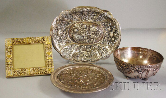 Three Pieces of Silvered Bronze Tableware, late 19: Three Pieces of Silvered Bronze Tableware, late 19th/early 20th century, attributed to John Doebler for E.F. Caldwell, bowl, tazza and picture frame; sold with a reticulated silver or silver-plate bas