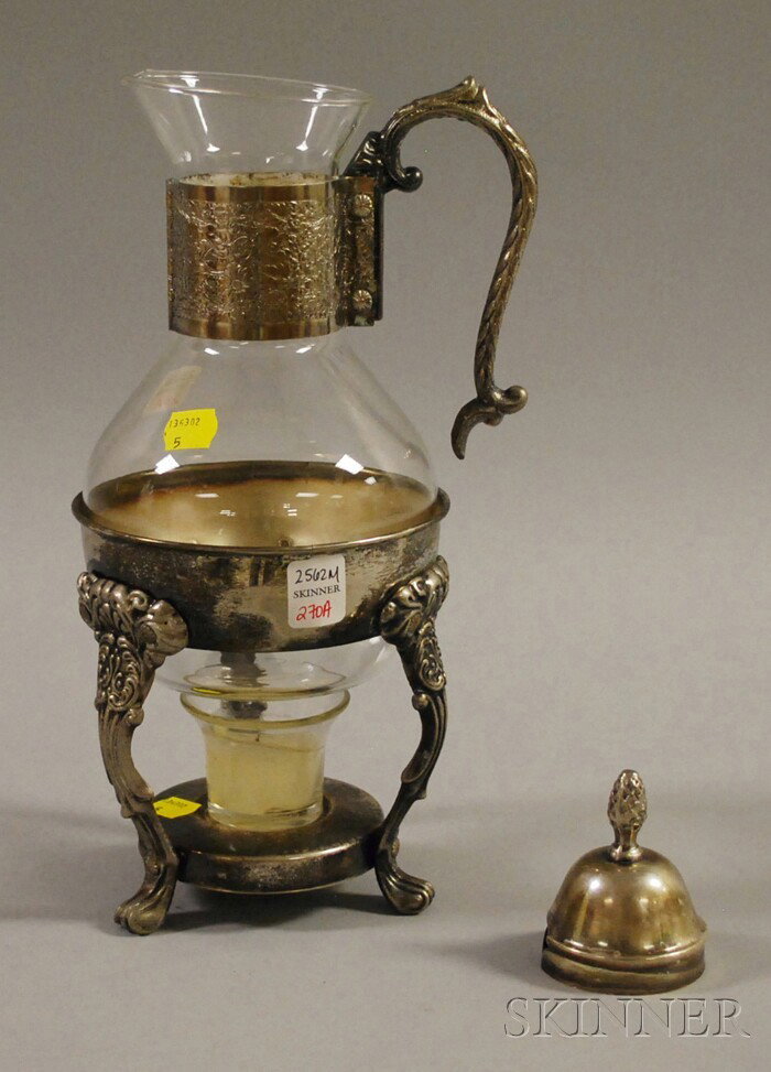 Silver-plated Glass Coffee Carafe on Warming Stan: Silver-plated Glass Coffee Carafe on Warming Stand, overall ht. approx. 14 in.
