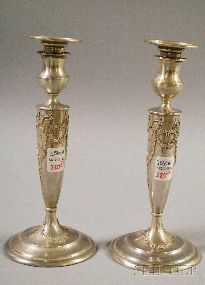 Pair of Black, Starr & Frost Weighted Sterling Sil: Pair of Black, Starr & Frost Weighted Sterling Silver Candlesticks, monogrammed, ht. 9 3/8 in.