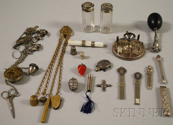 Group of Mostly Silver Sewing Items, including tur: Group of Mostly Silver Sewing Items, including turtle-form tape measure, thimbles, thimble cases, strawberry-form pincushion, thread winder, needle case, glove darner, darning egg, sewing chatelaine,
