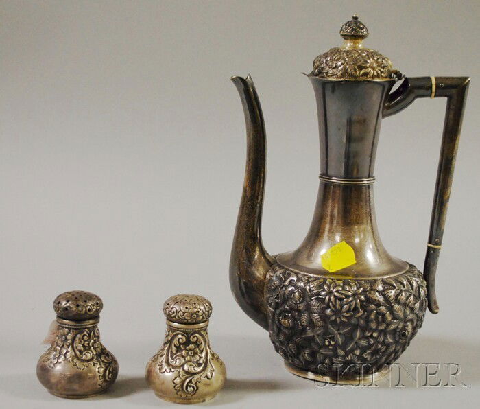 Duhme & Co. Sterling Silver Repouss? Demitasse Cof: Duhme & Co. Sterling Silver Repouss? Demitasse Coffeepot and a Pair of Hamilton & Diesinger Sterling Silver Salt and Pepper Shakers, the coffeepot with ivory heat stops (coffeepot handle slightly loos