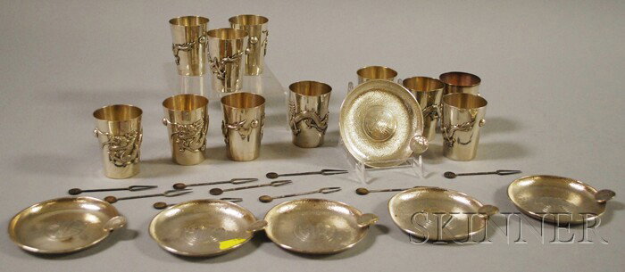 Group of Chinese Export Silver Tableware, set of e: Group of Chinese Export Silver Tableware, set of eleven thimble cups, set of six ashtrays with coin handles, and nine hors d'oeuvres picks, approx. 23.4 troy oz.