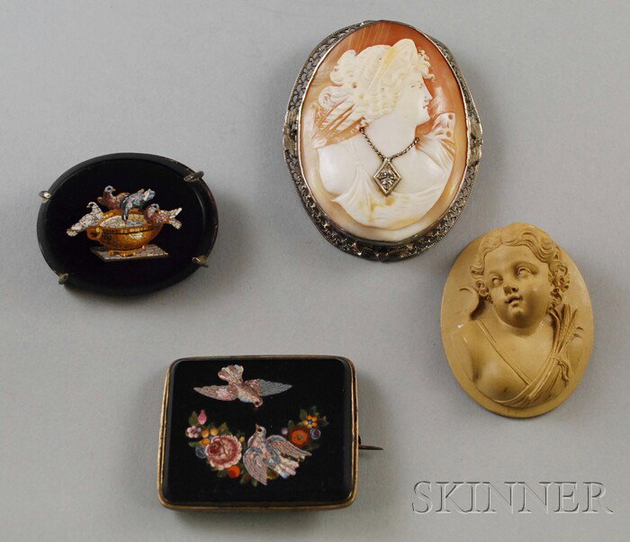 Four Antique Brooches, a shell-carved cameo pendan: Four Antique Brooches, a shell-carved cameo pendant/brooch with diamond accent, an unmounted lava cameo of a cherub, (minor losses), and two micromosaic brooches with scenes of birds, (one with small 