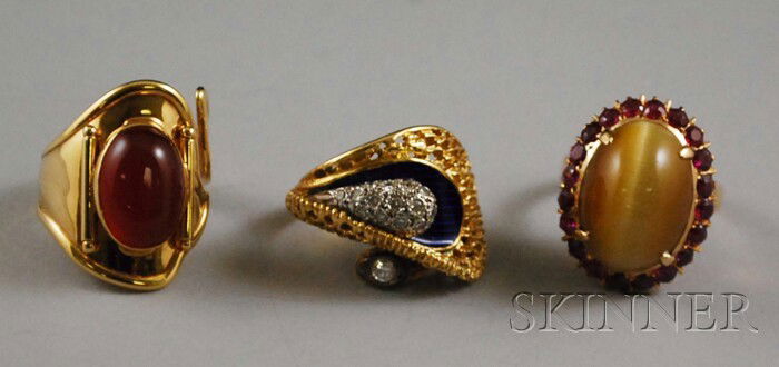 Three Gold Gem-set Rings, an 18kt gold, diamond, a: Three Gold Gem-set Rings, an 18kt gold, diamond, and blue enamel, a 14kt gold and carnelian, and a 14kt gold, tiger's-eye, and pink gemstone, total 19.3 dwt, sizes 5 3/4, 7 1/2, and 7, respectively.