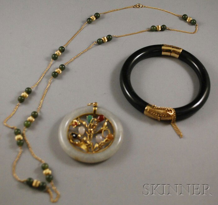 Three Jade and Nephrite Jewelry Items, a bangle wi: Three Jade and Nephrite Jewelry Items, a bangle with 14kt gold clasp, a 14kt gold and nephrite bead necklace, and a 14kt gold, jade, and multicolored gemstone pendant.