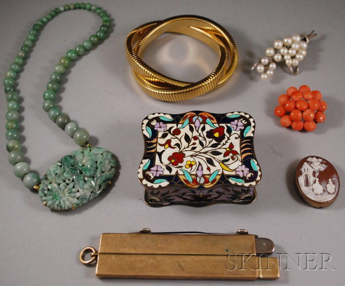 Small Group of Jewelry, including a coral bead bro: Small Group of Jewelry, including a coral bead brooch, a sterling silver and pearl brooch, a small enamel box, a 14kt gold and jade necklace, a flexible Givenchy gold-tone bracelet, and other items.