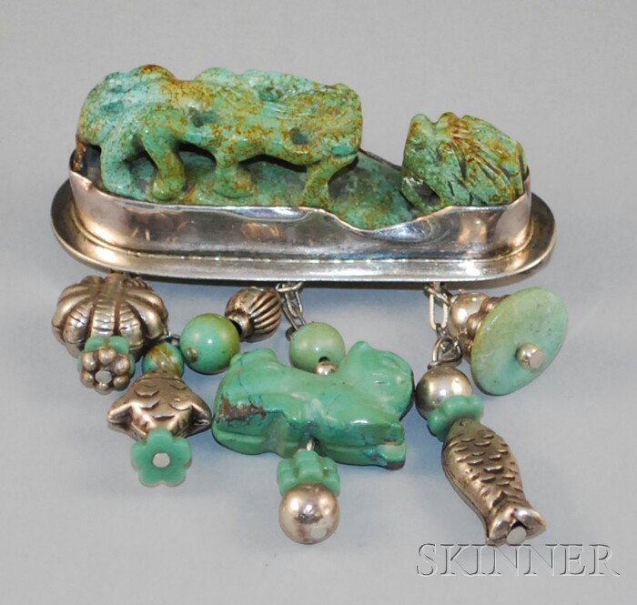 Amy Kahn Russell Antique-style Sterling Silver and: Amy Kahn Russell Antique-style Sterling Silver and Carved Turquoise Brooch, with sterling silver and turquoise pendants, signed "AKR," wd. 2 1/2 in.
