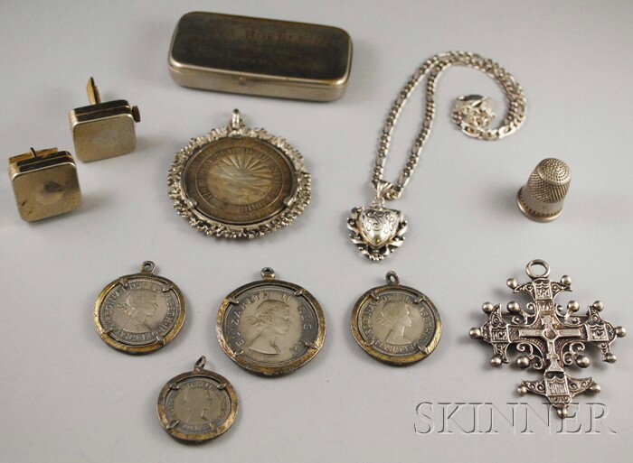 Small Group of Jewelry and Personal Items, includi: Small Group of Jewelry and Personal Items, including a .800 silver Coppini cross pendant/brooch, an Italian sterling silver heart pendant on chain, a thimble, a number of coin pendants, and a pair of 