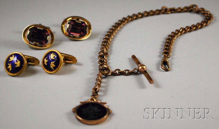 Two Pairs of Cuff Links and an Intaglio Watch Fob,: Two Pairs of Cuff Links and an Intaglio Watch Fob, one pair set with purple glass, the other enamel.