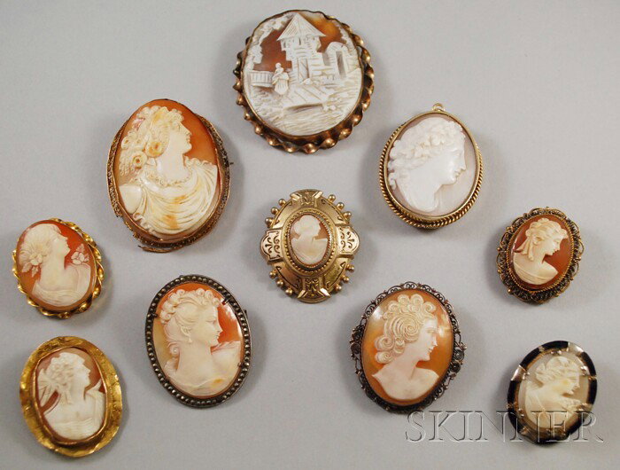 Ten Shell-carved Cameo Jewelry Items, including a : Ten Shell-carved Cameo Jewelry Items, including a pendant/brooch with hammered 10kt gold frame, and a silver and marcasite-framed pendant/brooch.
