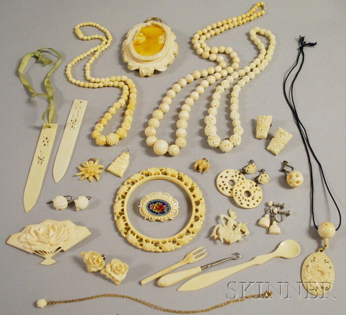 Group of Ivory Jewelry, including carved bracelets: Group of Ivory Jewelry, including carved bracelets and earrings, beaded necklaces, a carved ivory and micromosaic brooch, and other items, (damage, breaks, losses).