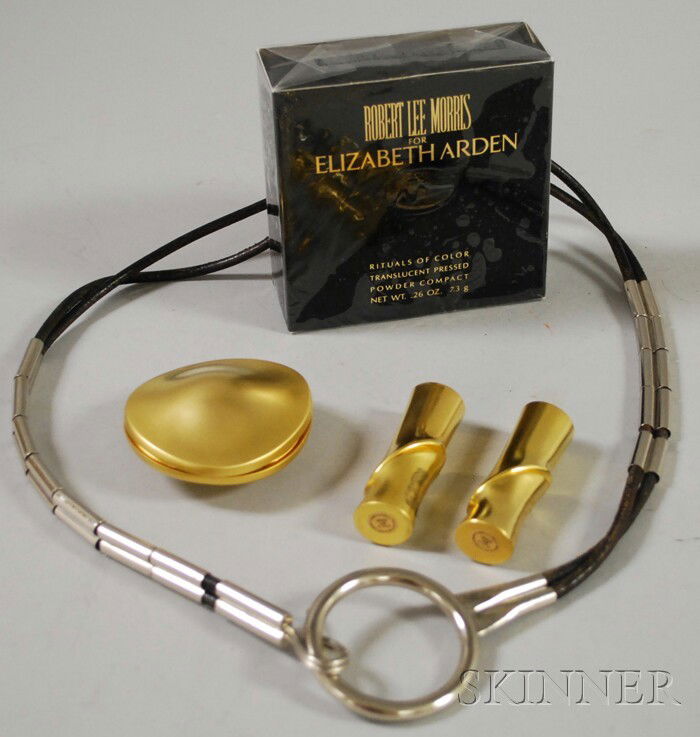 Group of Robert Lee Morris Items, a group of Eliz: Group of Robert Lee Morris Items, a group of Elizabeth Arden "Rituals of Color" items, two powder compacts, one in original sealed box, and two lipstick cases, and a leather belt, c. 1980, with a circ