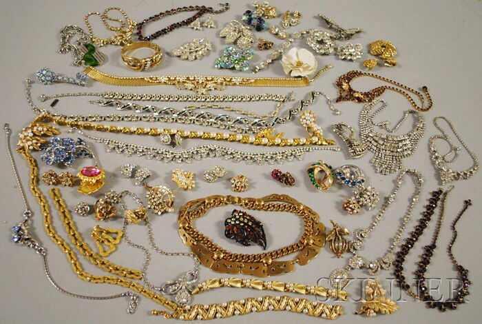 Large Group of Mostly Signed Rhinestone and Paste: Large Group of Mostly Signed Rhinestone and Paste Costume Jewelry, including a large number of Trifari, Weiss, Kramer, and Hattie Carnegie pieces.