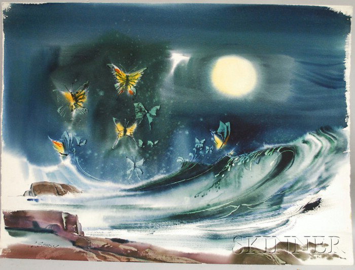 Laurence Philip Sisson (American, b. 1928) Butterf: Laurence Philip Sisson (American, b. 1928) Butterflies & Moon. Signed "L. Sisson" l.l., titled in pencil and identified on labels on the reverse. Watercolor on paper, 22 1/4 x 30 1/4 in., unmatted,