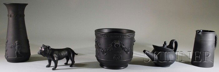 Five Wedgwood Black Basalt Items, a bulldog figure: Five Wedgwood Black Basalt Items, a bulldog figure with glass eyes, a vase, small jardiniere, jug, and small teapot.