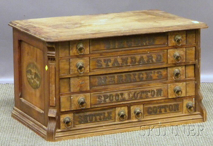 Victorian "Merrick's Spool Cotton" Paint-decorated: Victorian "Merrick's Spool Cotton" Paint-decorated Wood Six-drawer Retail Counter Chest, (finish wear), ht. 17 3/4, lg. 29 3/4, wd. 18 1/2 in.