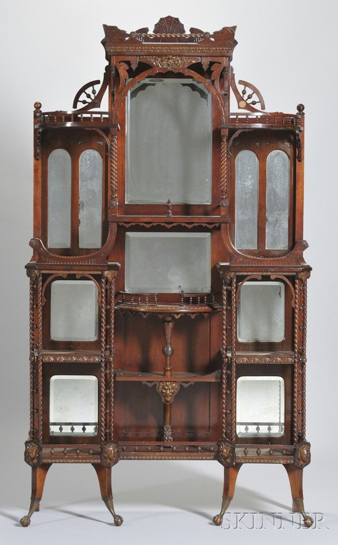 Merklen Bros. Attributed Victorian Aesthetic Turne: Merklen Bros. Attributed Victorian Aesthetic Turned and Carved Cherry Mirrored Etagere, with applied molded gesso embellishments and mounted with cast metal talon and wood ball feet, ht. 77 1/2, wd. 4