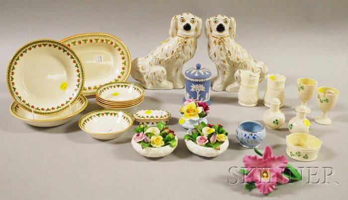 Twenty-five Pieces of Decorative and Collectible T: Twenty-five Pieces of Decorative and Collectible Tableware, a pair of seated Staffordshire spaniels, seven pieces of Belleek porcelain tableware, ten pieces of Wedgwood strawberry pattern tableware, a