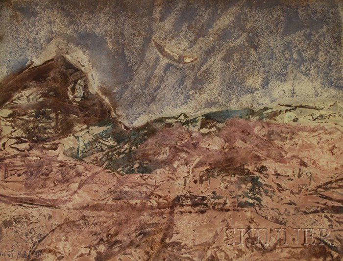Continental School, 20th Century Abstract Landscap: Continental School, 20th Century Abstract Landscape. Signed and dated "M..., M..., 1961" l.l. Gouache on paper, 10 1/2 x 13 7/8 in., unframed. Condition: Subtle rippling, mounted to backing paper at f