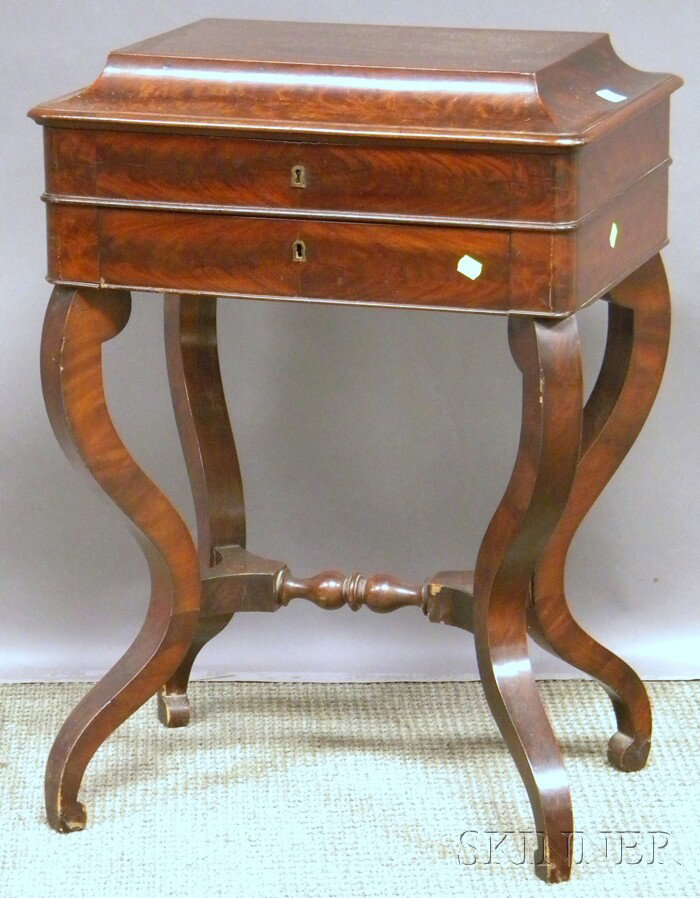 Late Empire Mahogany Veneer Lift-top Sewing Table : Late Empire Mahogany Veneer Lift-top Sewing Table with Drawer.