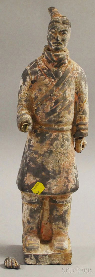 Chinese Tomb-style Painted Black Pottery Standing: Chinese Tomb-style Painted Black Pottery Standing Warrior Figure, ht. 17 1/4 in.