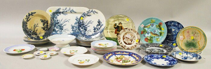 Twelve-piece English Transfer Flow Blue Gem Patte: Twelve-piece English Transfer Flow Blue Gem Pattern Ironstone Partial Dinner Set Nine Assorted Plates, and a French Fifteen-piece Fruit Set, including two majolica, two Series Ware, and five transfer-