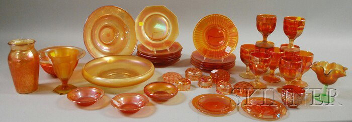 Approximately Forty-one Pieces of Marigold Carniv: Approximately Forty-one Pieces of Marigold Carnival Glass including Goblets, Plates, including tableware and accessories.
