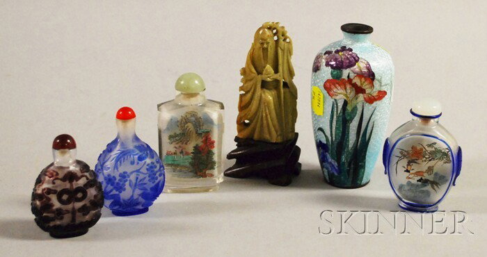 Four Chinese Glass Snuff Bottles, a Carved Soapst: Four Chinese Glass Snuff Bottles, a Carved Soapstone Figure, and a Small Cloisonne Vase, including two Peking cased cameo glass, a Peking cased cameo glass and interior landscape painted, and a crysta