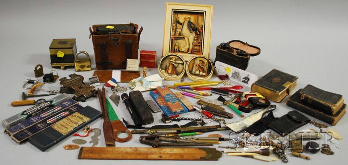 Lot of Miscellaneous Desk Items, Collectibles, an: Lot of Miscellaneous Desk Items, Collectibles, and Ephemera, 19th/20th century, including watch chains, keys, three British "Ivorex" Dickens plaques, Paris opera glasses, a variety of advertising and 