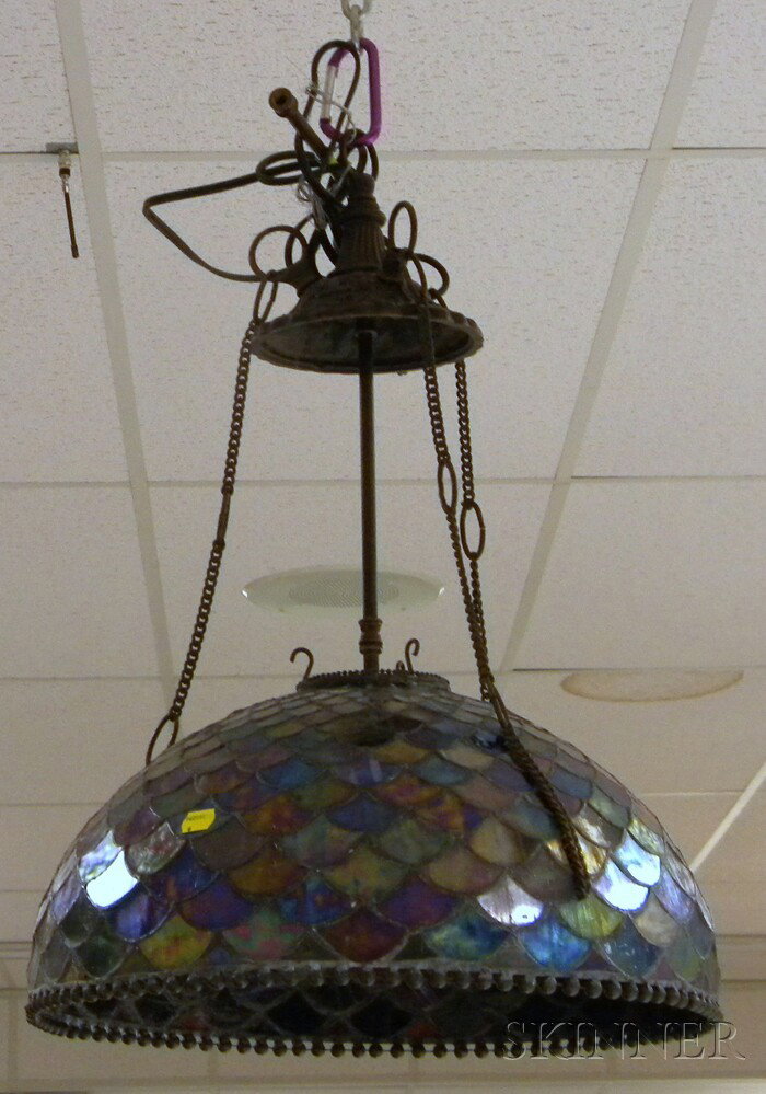 Leaded Iridescent Art Glass Graduated Fish Scale : Leaded Iridescent Art Glass Graduated Fish Scale Pattern Hanging Lamp Shade with Patinated Metal Hardware and Fittings, three sockets, shade ht. 8 1/2, dia. 17 in.