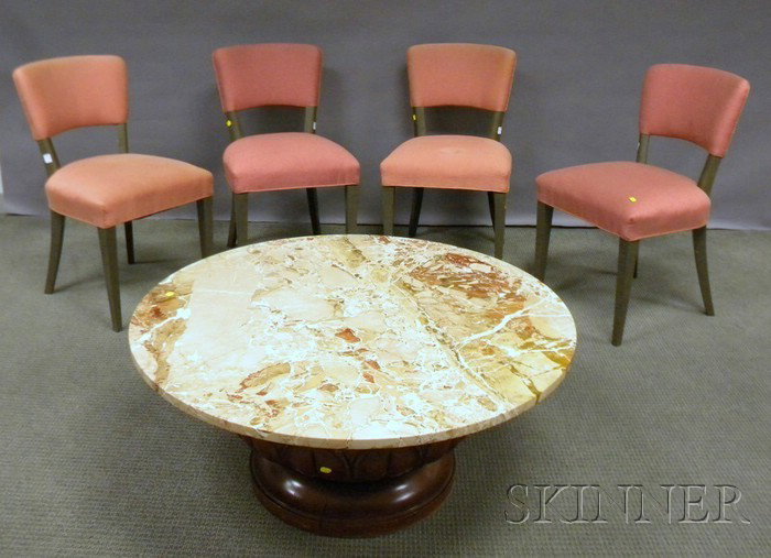 Modern Marble-top Moghul-style Carved Hardwood Co: Modern Marble-top Moghul-style Carved Hardwood Coffee Table and a Set of Seven Art Moderne Upholstered Gray-painted Side Chairs.