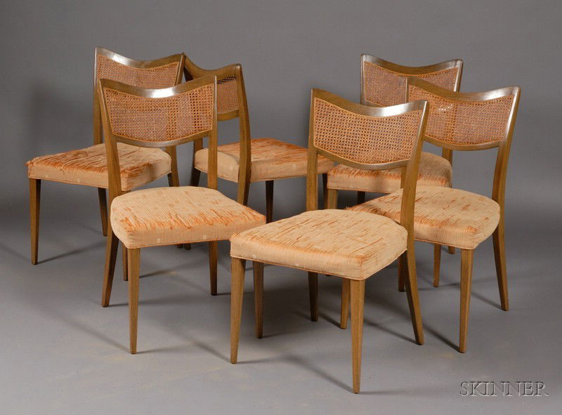 Set of Six Harvey Probber Caned Upholstered Mahog: Set of Six Harvey Probber Caned Upholstered Mahogany Dining Chairs, chair ht. 35 1/2 in. Provenance: A Massachusetts gentlewoman.